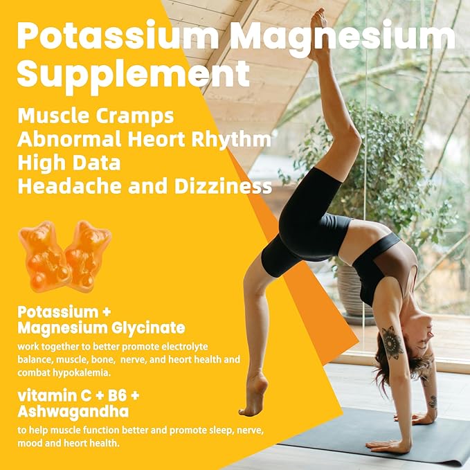 Potassium Magnesium Gummies - High Absorption Magnesium Glycinate & Potassium Citrate Plus Omega 3, B6, D3, K2 & Calcium - Chewable Gummy for Leg Cramps, Immunity & Energy Orange 120 Gummies