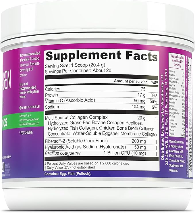 Multi Collagen Probiotics for Women Prebiotics Protein Powder | 20g Collagen Peptides Hyaluronic Acid Vitamin C & Fibersol Prebiotic Support Skin Elasticity Digestion Gut Health Unflavored 20 Servings