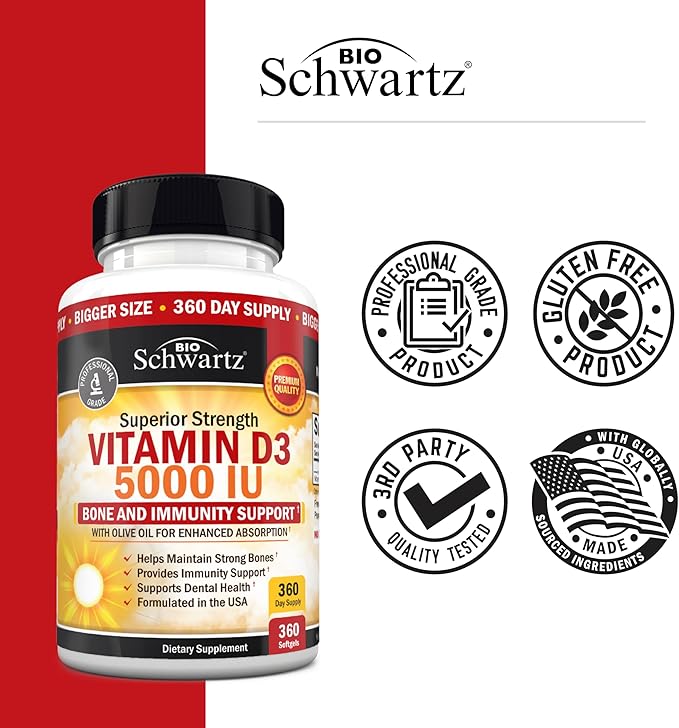 Vitamin D3 5000 IU (125 mcg) Natural Immune Support Supplement, Bone Strength, Healthy Muscle Function, with Olive Oil for Highest Absorption, Gluten Free & Non-GMO, 1 Year Supply, 360 Softgels