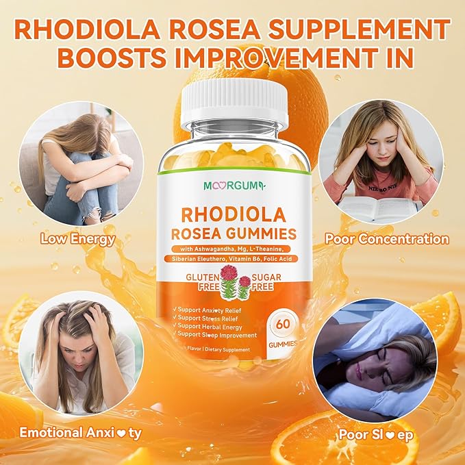 Rhodiola Rosea Gummies for Adults & Kids-Adaptogenic Herb-Daily Wellness, Emotions, Slumber Support, with Ashwagandha, Magnesium Glycinate, Siberian Eleuthero Supplements for Women & Men, 60 Count