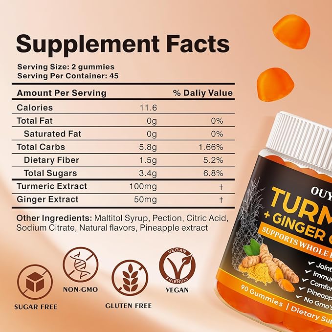 Turmeric Gummies, Joint & Muscle Relief + Immune Support, Natural Pineapple Flavor, Non-GMO Gluten-Free, 90 Gummies