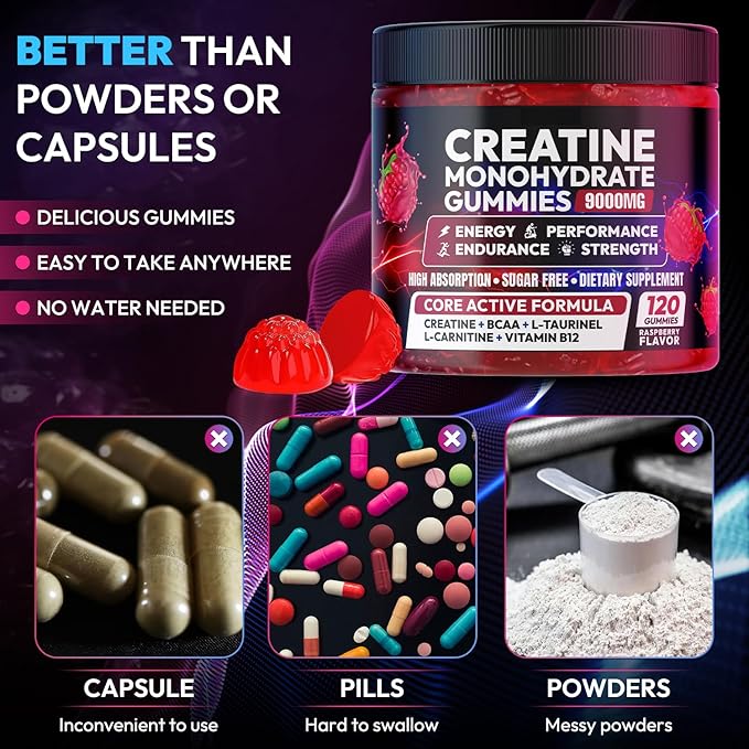 Cytona Creatine Gummies Monohydrate Complex 9000MG, Pre-Workout for Men & Women, Creatine Gummy with L-Taurine, BCAA 2:1, B12/6 for Muscle Support, Enhance Strength, Energy Boost-120 Count