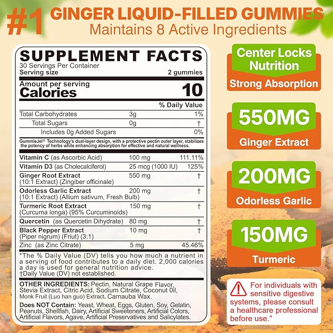 LILICARE Ginger Chews Gummies for Nausea & Digestive Support, Stomach Relief - Sugar Free with Turmeric & Odorless Garlic, Quercetin, Vitamin D3, C, Delicious Digestive Supplements, 60Cts (Pack of 1)