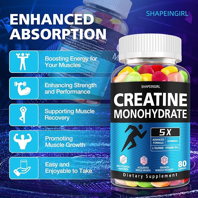 Creatine Monohydrate Gummies for Women and Men - Creatine Supplements with Vitamin B12 for Muscle Gain, Strength, Energy Boost, Sugar Free, Vegan, Flavored Chewable 240 Count
