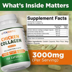 Vitamatic Chicken Collagen 3000 mg (Per Serving) with Glucosamine, Chondroitin & Hyaluronic Acid | 180 Capsules | Non-GMO | Gluten Free