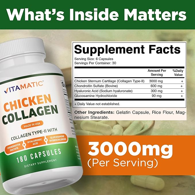 Vitamatic Chicken Collagen 3000 mg (Per Serving) with Glucosamine, Chondroitin & Hyaluronic Acid | 180 Capsules | Non-GMO | Gluten Free