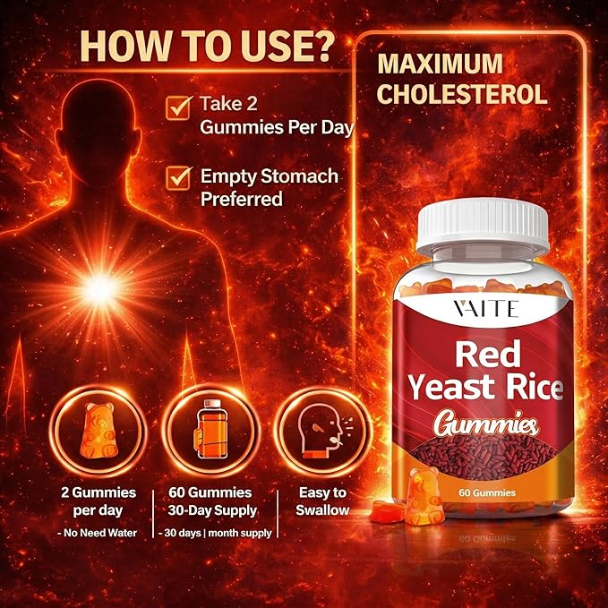 VAITE Red Yeast Rice with Coq10 Gummies - 1200 mg RYR Synergy Organic Supplement with Coenzyme Q10 Monacolin K, Non-GMO & Citrinin Free Herbal Vegetarian Gummy Chews 60 Count (2 Pack)