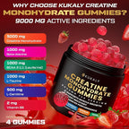 Creatine Monohydrate Gummies for Men & Women, 9000MG Creatine Gummies Sugar Free with L-Taurine, BCAA 2:1, B12 B6 for Boost Strength, Focus & Endurance, Vegan, Non-GMO, Strawberry, 120pcs
