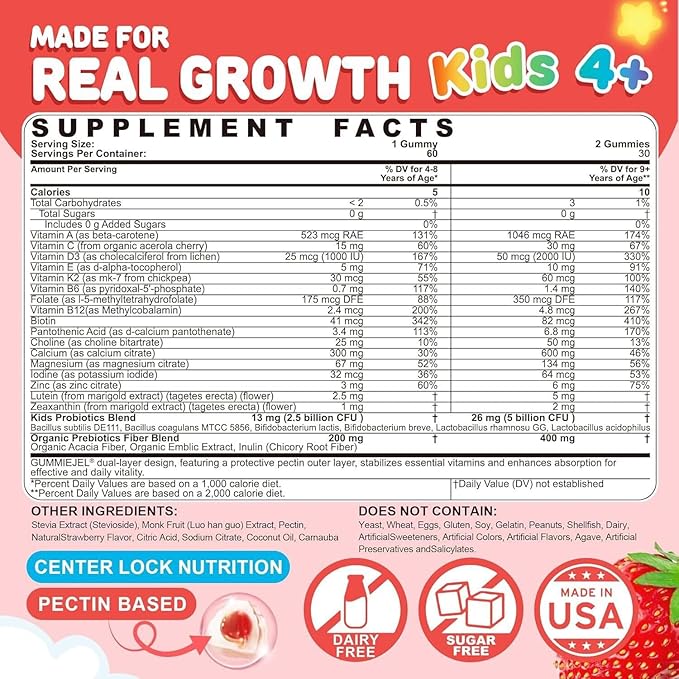 Kids Multivitamin Gummies + Calcium, Probiotics, Vitamin D3, C, Methylated B12 & Methylfolate, B6, A, K2, E, Zinc, Prebiotics for Children Ages 4+, Clean & Sugar Free, for Nutritional Support, 60 Cts