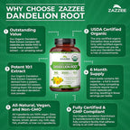 Zazzee USDA Organic Dandelion Root 10:1 Extract, 180 Capsules, 6 Month Supply, Liver & Detox Support, Taraxacum Officinale, Organic Herbal Supplement, All-Natural, Non-GMO, Made in the USA