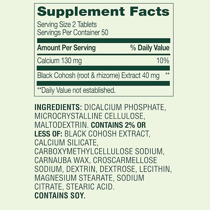 Black Cohosh Dietary Supplement Tablets for Menopause Support, 40 mg, 100 Count
