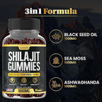 Shilajit Gummies - 3 in 1 with Sea Moss, Black Seed Oil, Ashwagandha - Natural Formula Shilajit Supplement 85+ Trace Minerals, Pure Himalayan Shilajit Gold Gomitas De Shilajit, USA Made (60 Gummies)