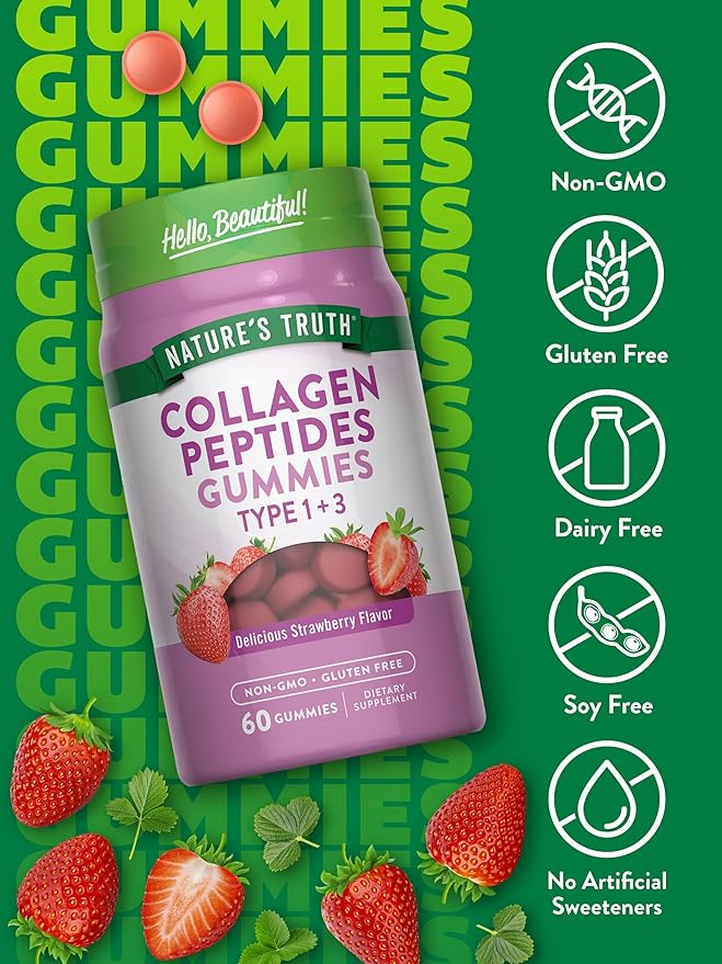 Nature's Truth Collagen Peptide Gummies for Women | 60 Count Type 1 and 3 | Strawberry Flavor | Non-GMO & Gluten Free Supplement