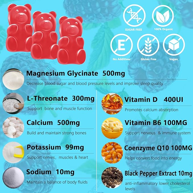 Magnesium Glycinate Gummies 500mg with L-Threonate, Vitamin D, B6, Potassium & CoQ10 | Sugar-Free Complex Formula for Enhanced Sleep Quality | Raspberry Flavor | 60 Count
