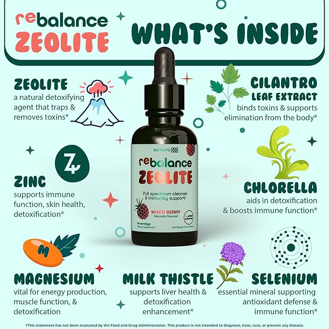 Zeolite Detox for Kids Liquid Drops, Gentle Full-Spectrum Cleanse & Immunity Support with Chlorella, Cilantro Leaf Extract, Milk Thistle, Zinc, Magnesium & Selenium, Mixed Berry Flavor, 60 Servings