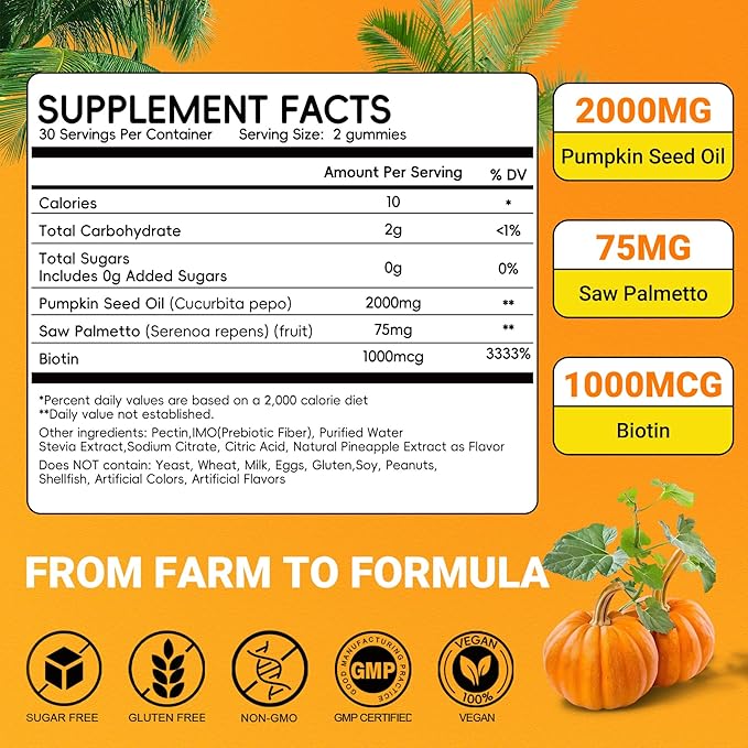 Sugar Free Pumpkin Seed Oil Gummies 2000mg for Women& Men – Pumpkin Seed Oil Supplement with Saw Palmetto & Biotin for Prostate Health, Hair, Skin & Nails – Vegan, 30 Servings, Pineapple Flavor