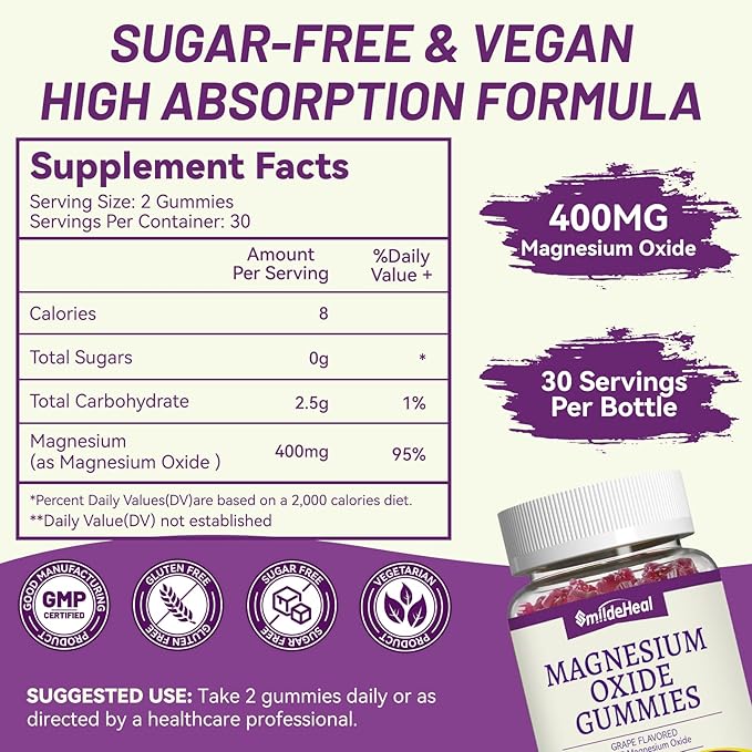 2 Pack Magnesium Oxide Gummies 400mg, Chewable Magnesium Oxide Supplement for Adults, Nerve & Muscle Support - Sugar-Free, Vegan,120 Count