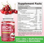 Iron Gummies with Multivitamin, Iron Supplement for Women & Men with Zinc, Vitamin B Complex & C, B12, Folate - Blood Builder & Energy Support for Adults & Kids - Cherry Flavor, Vegan 60 Gummies