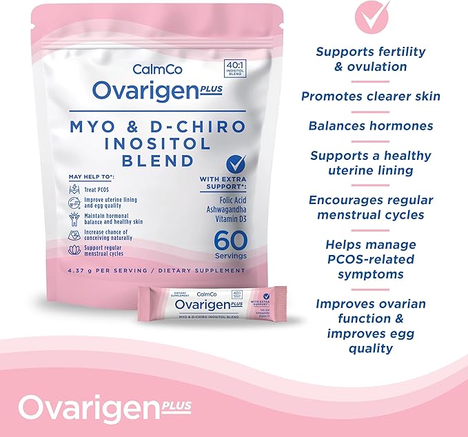 CalmCo Ovarigen Plus Myo-Inositol & D-Chiro Inositol Supplement for Women – 40:1 Powder with Folic Acid, Ashwagandha & Vitamin D3, Fertility Supplements for PCOS, Ovarian Support (60 Sachets)