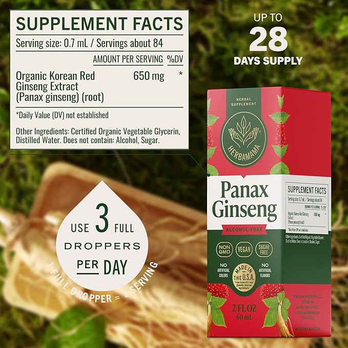 HERBAMAMA Panax Ginseng Root Tincture - Vegan Energy Support with Korean Red Ginseng Extract Liquid Drops - Non-GMO, Alcohol & Sugar-Free Immune Support Supplement - 28-Day Supply
