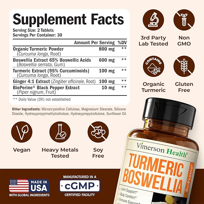 Boswellia Serrata Turmeric Supplement for Joint Support & Inflammation Balance – Turmeric Boswellia Supplement with Ginger & Black Pepper Extract for Enhanced Absorption – Non-GMO - 60 Tablets