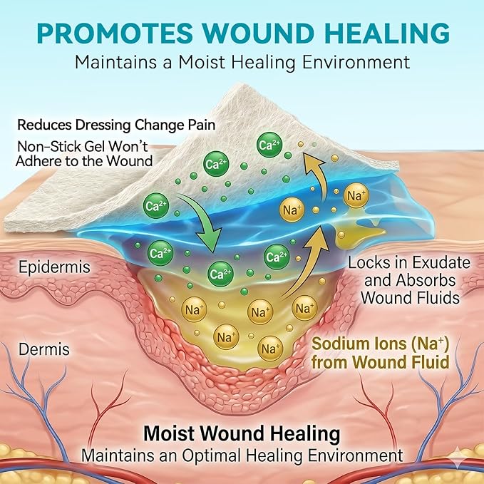Dimora Calcium Alginate Wound Dressing, 4'' x 4'' Patches, 20 Individual Sterile Bandages, Soft and Highly Absorbent Dressing Gauze, Non-Stick Padding