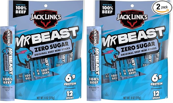 Jack Link’s x MrBeast Beef Sticks, Zero Sugar Mini Sticks, As Seen on Beast Games, 6g Protein, Made with 100% Real Beef, Pantry-Ready Snacks, (Pack of 24)
