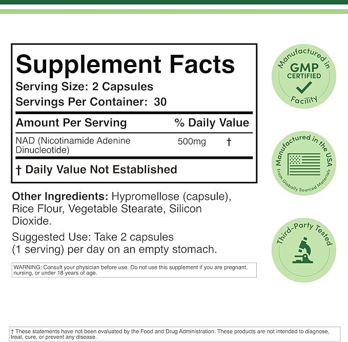 Double Wood Supplements NAD+ Anti Aging & Cell Regeneration | 500mg of 95% Pure NAD Plus Per Serving, 30 Day Supply | Similar to Nicotinamide Riboside | Third Party Tested, Vegan Safe, Non-GMO