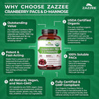 Zazzee USDA Organic Cranberry PACs & D-Mannose, 36 mg PACs per Serving, 1000 mg D-Mannose per Serving, 120 Vegan Capsules, 2 Month Supply, Urinary Tract & Bladder Support, Non-GMO, Made in the USA