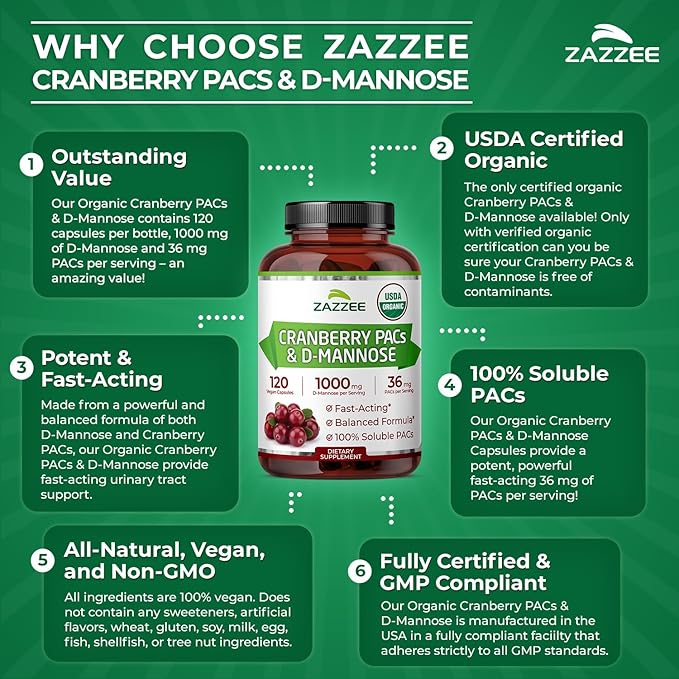 Zazzee USDA Organic Cranberry PACs & D-Mannose, 36 mg PACs per Serving, 1000 mg D-Mannose per Serving, 120 Vegan Capsules, 2 Month Supply, Urinary Tract & Bladder Support, Non-GMO, Made in the USA