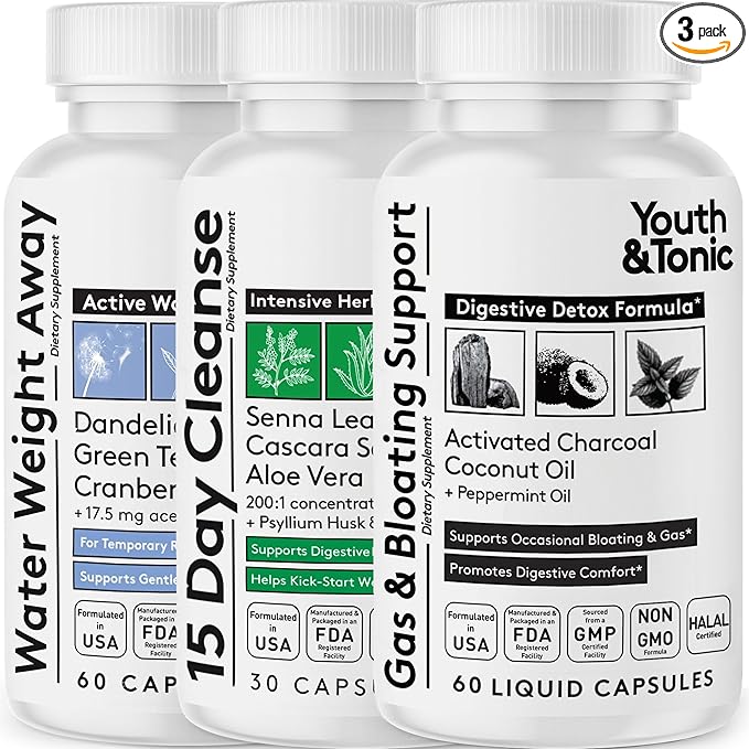 Youth & Tonic Belly Bloating Relief for Gas, Gut & Water Debloating – Digestion & Fluid Retention Support with Activated Charcoal for Women & Men– 150 Pills