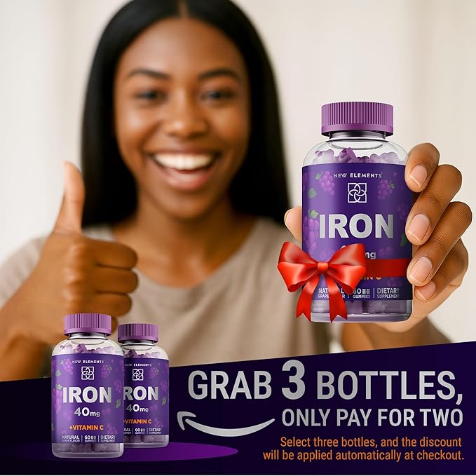New Elements Iron Gummies 40mg with Vitamin C 100mg – Best Iron Supplement for Women, Men & Adults – Free Blood Builder for Anemia – Immune Support & Energy Booster | Fruit Pectin | Vegan | Non-GMO