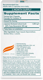 Himalaya Resveratrol for Healthy Aging and Antioxidant Support, 1,000 mg of Resveratrol, with 500 mg Trans-Resveratrol Daily, 60 Vegan Capsules, 1 Month Supply