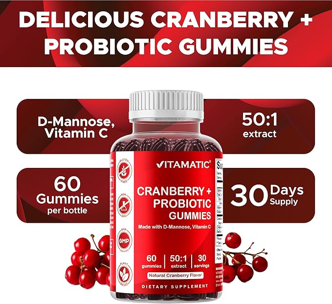 Vitamatic 2 Pack Cranberry Gummies with D-Mannose, Probiotics, Vitamin C – Plant-Based Botanical Extract – Vegan, Non-GMO – 60 Count