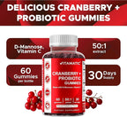 Vitamatic Cranberry Gummies with D-Mannose, Probiotics, Vitamin C – Plant-Based Botanical Extract – Vegan, Non-GMO – 60 Count