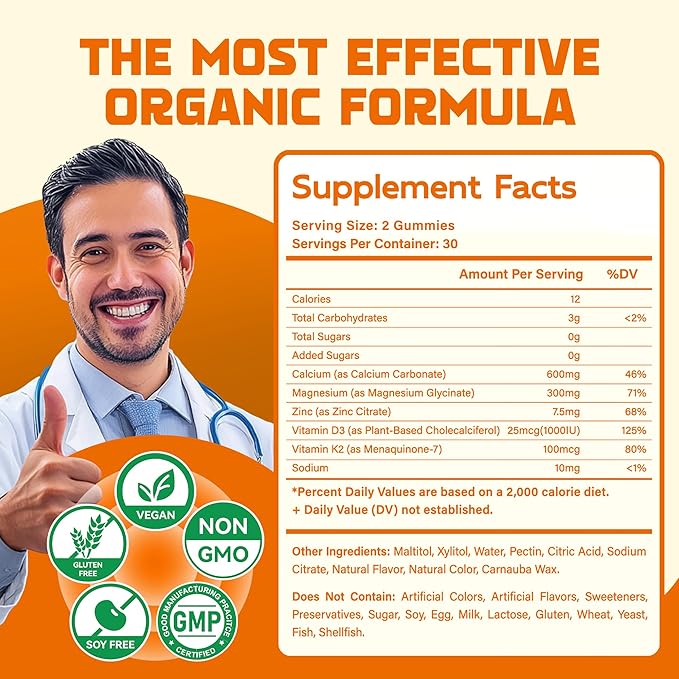 Magnesium Glycinate Gummies 1000mg - Sugar Free Magnesium Potassium Supplement with Vitamin D, B6, CoQ10 for Calm Mood & Sleep Support - 60 Orange Gummies