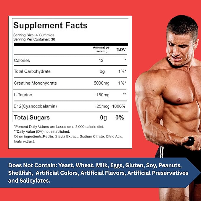 S.G Creatine Monohydrate Gummies for Men & Women ‒ Sugar Free - Vegan - 5g Creatine for Muscle Support ‒ Pre-Work Out Chewable Supplements for Energy Boost ‒ Strawberry Flavored 120ct Gummies.