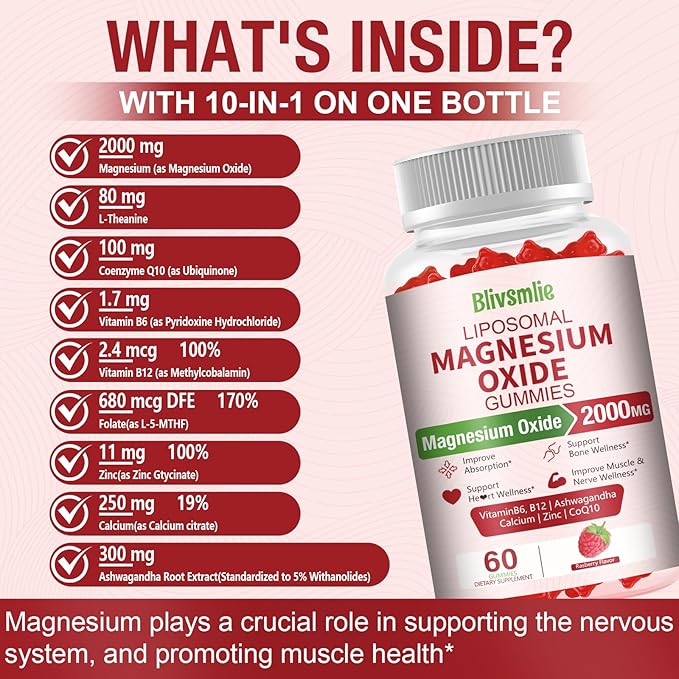 2 Pack Liposomal Magnesium Oxide Gummies 2000mg Complex Ashwagandha,CoQ10, L-Theanine, L-5-MTHF, Methyl B12, Zinc for Sleep & Energy,Stress Relief,Heart Health,Neuro Support