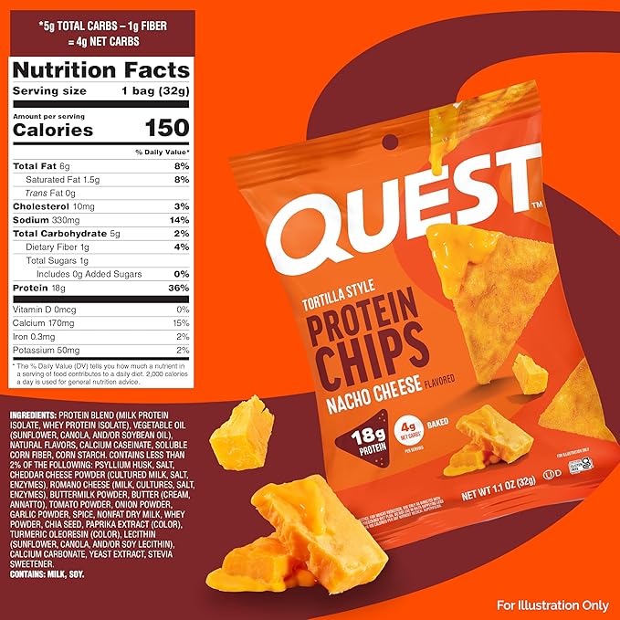 Quest Nutrition Nacho Cheese Tortilla Style Protein Chips, 18g Protein, 4g Net Carb, Low Carb, Gluten Free, 1.1 oz (Pack of 12)