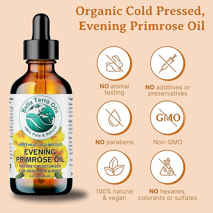 Bella Terra Oils Pure Evening Primrose Oil for Radiant Skin and Lustrous Hair – 1 gallon, Nutrient-Rich, Non-Greasy, Quick Absorb