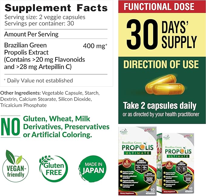 LABO Nutrition Brazilian Green Propolis Ultimate – Propolis Extract with 28mg Artepillin C and 5% Flavonoids Natural Bee Supplement for Immune, Brain Support High Concentrate Propolis, 60 Veg Capsx3