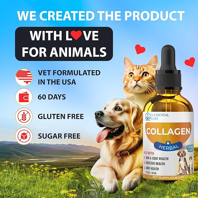 Liquid Collagen for Dogs and Cats, Skin & Coat Supplement, Itch Relief, Joint & Mobility Support, Enriched with Grass-Fed Collagen, Daily All-in-One Pet Health Formula