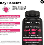Vital Vitamins Hyaluronic Acid Supplements - Made with 200mg of Low Molecular Weight Hyaluronic Acid - Supports Skin Hydration & Elasticity from Within - 60 Capsules, 60 Servings