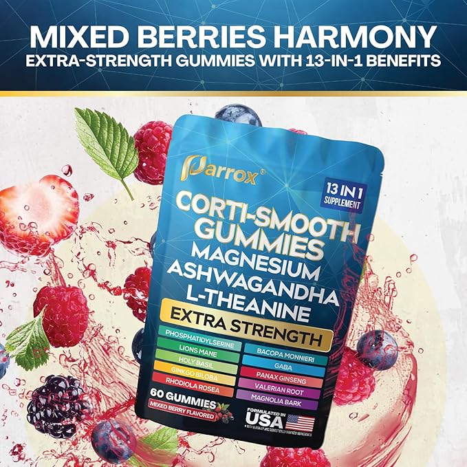 Corti-Smooth Cortisol Support Gummies with Magnesium, L-Theanine, Ashwagandha, Phosphatidylserine, Bacopa Monnieri, Lions Mane, Ginkgo Biloba, Valerian Root (Mixed Berry Flavor - 3 Pack)