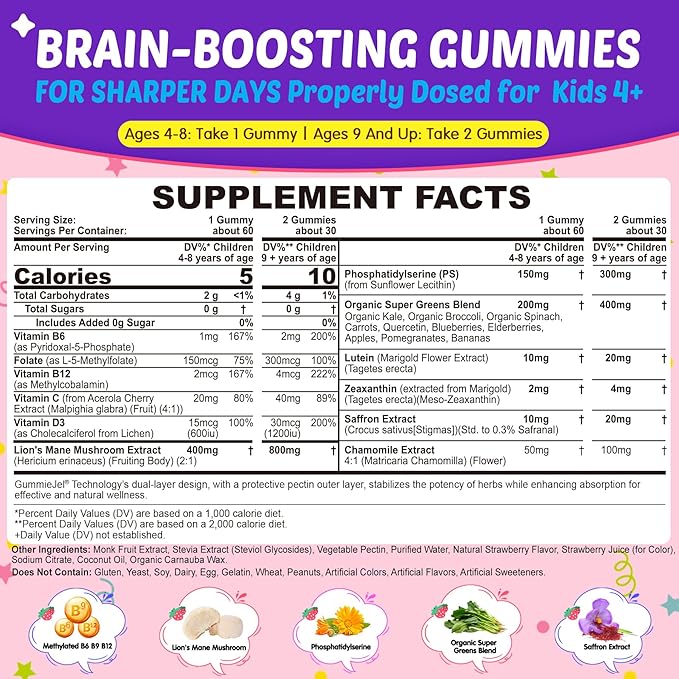 Kids Brain Gummies with Lion's Mane Mushroom, Methyl B6, B9, B12, Super Greens, Lutein, Brain Booster Supplement for Focus & Attention, Cognitive Function, Vision & Energy, Sugar Free, Vegan 60 Count