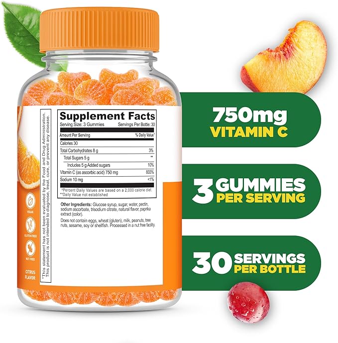 Lifeable Vitamin C Gummies for Adults | 750mg | Great Tasting Orange Flavor VIT C | Vegan Non GMO Vitamin C Chewable | for Immune Support | 90 Gummies