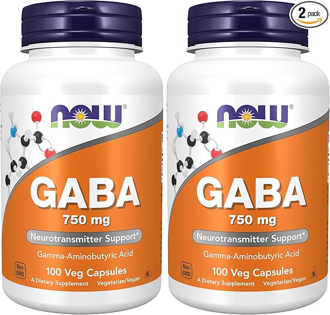 NOW Foods Supplements,GABA (Gamma-Aminobutyric Acid) 750mg,Neurotransmitter Support*,100 Veg Capsules,(Pack of 2)