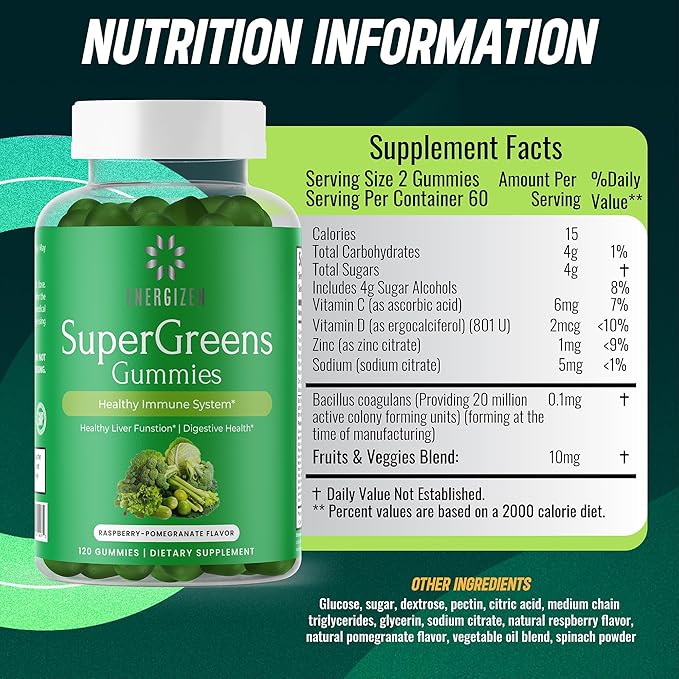 Green Superfood Gummies Plus - Supports Healthy Liver, Digestive Health & Immune System - Vegan, Non-GMO, Gluten-Free - Raspberry & Pomegranate Flavor - 120 Count