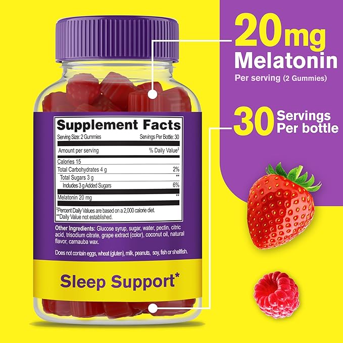 WellYeah Melatonin Gummies 20mg | Sleep Support | Maximum Strength Melatonin 20mg Gummies for Adults | Fast Dissolved | Great Berry Flavor | 60 Count | Vegan, Non GMO
