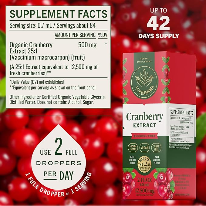 HERBAMAMA Cranberry Supplement Drops - Vegan Urinary Tract Support for Men and Women with Cranberry Extract - Non-GMO, Alcohol & Sugar-Free Kidney Support Supplement, 42-Day Supply
